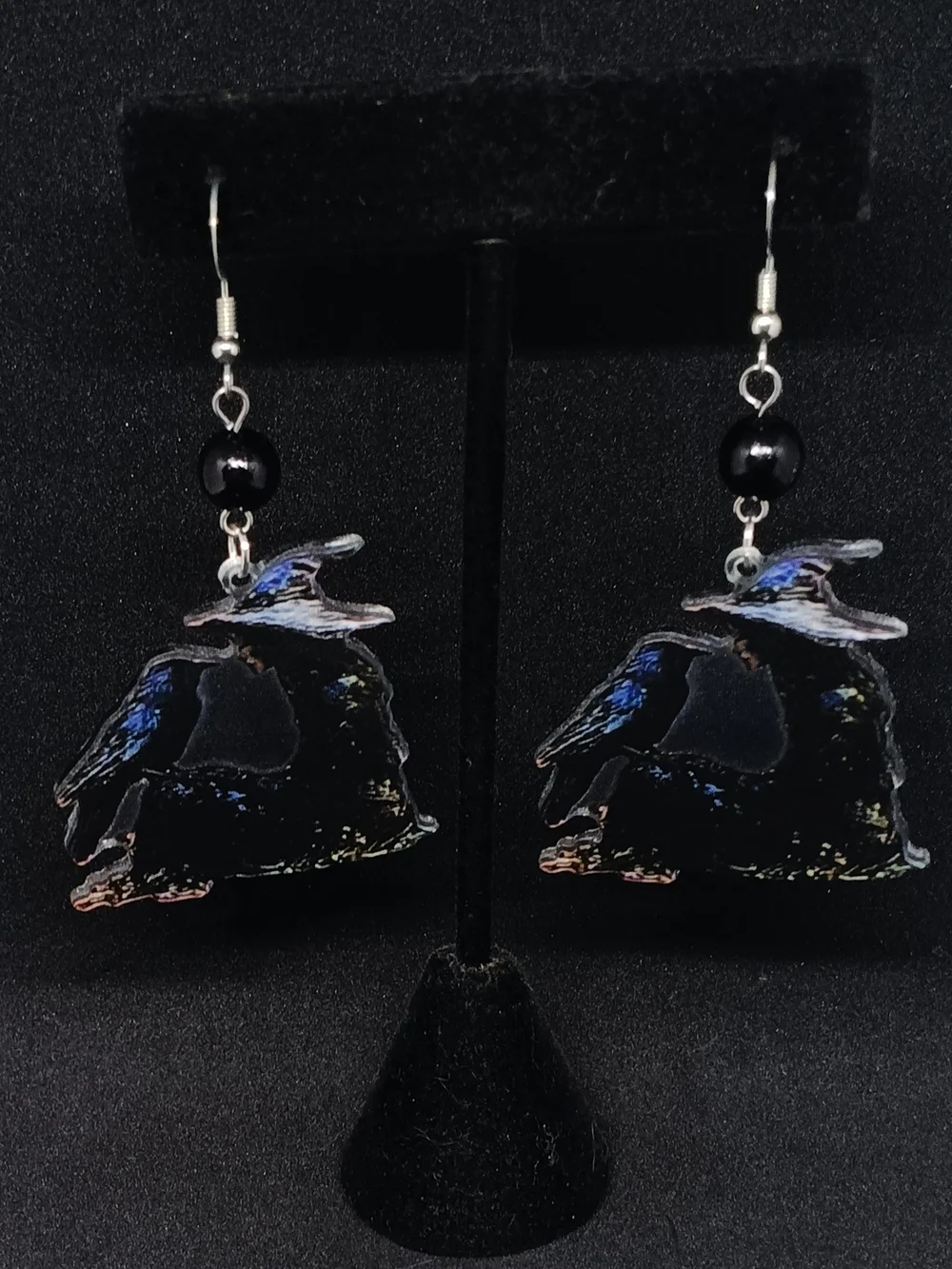 Black Raven Dangle Earrings with Glossy Bead Accents
